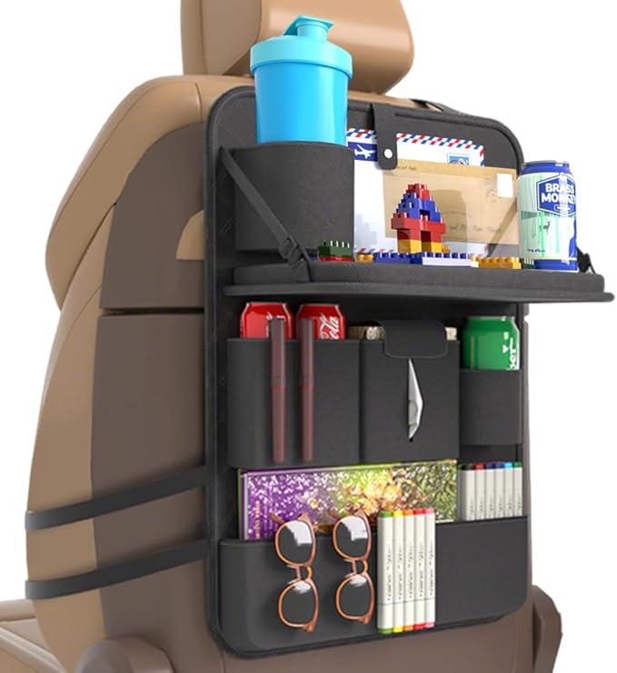 GMQ Backseat Car Organizer with Tray,Back Seat Car Organizer for Kids,Multifunctional Seat Back Organizer with Foldable Tablet Holder (Black, 1PC)