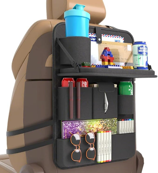 GMQ Backseat Car Organizer with Tray,Back Seat Car Organizer for Kids,Multifunctional Seat Back Organizer with Foldable Tablet Holder (Black, 1PC)