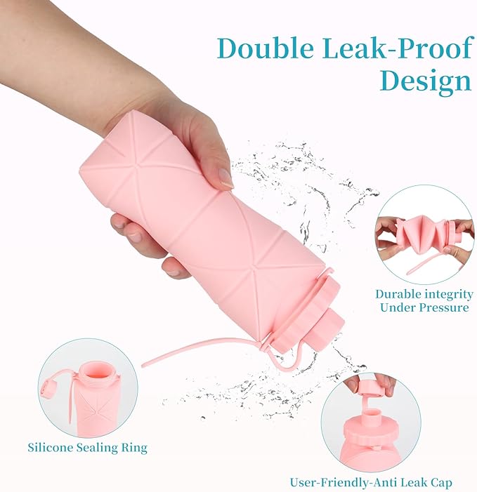 Silicone Collapsible Water Bottles,Lightweight Reusable Leakproof For Traveling Camping Hiking Cycling Sports Outdoor,Foldable Portable Travel Water Bottle 600ML Blue And Purple 2Pack.