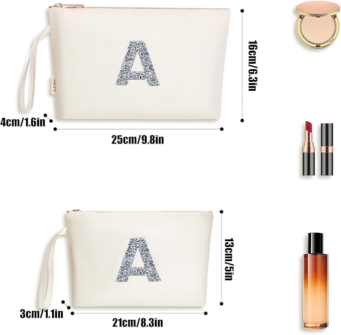 A-Z BAG 2pcs Personalised Makeup Bag Set, Canvas Cosmetic Bag with Rhinestone Initial, Birthday Gifts for Women (A, Beige)
