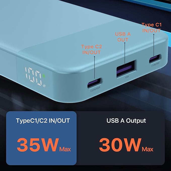 Power Bank Fast Charging 10000mAh 35W Portable Charger Small Battery Pack with PD 3.0 & QC 4.0 Type-C USB-A Input Output Lightweight Phone Charger Compatible for iPhone Samsung iPad
