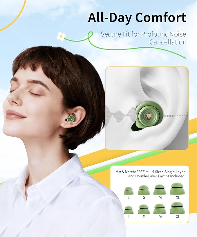 Ear Plugs for Sleeping 45dB Reusable Noise Cancelling Ear Plugs with 8 Eartips and Travel Case for Concerts, Snoring, Travel, Study Sleeping earplugs(Green)