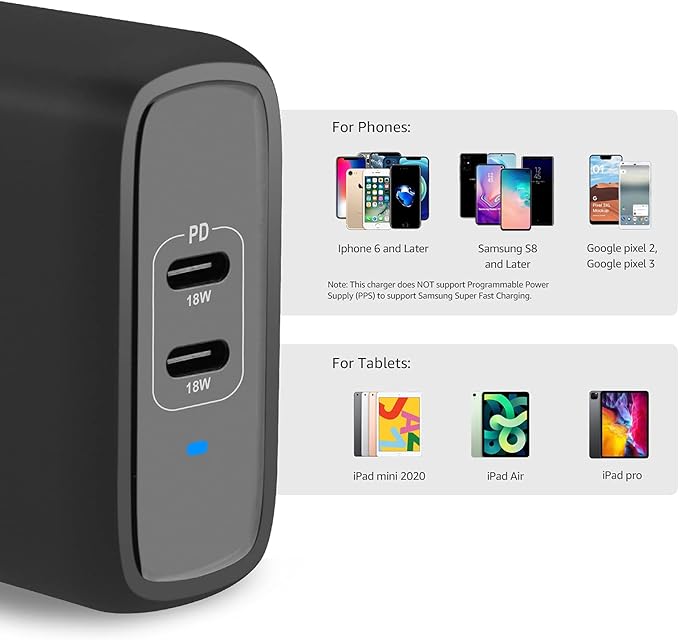 Amazon Basics 36W Two-Port USB-C Wall Charger (18W per Port) with Power Delivery PD for Tablets & Phones (iPhone 15/14/13/12/11/X, iPad, Samsung, and More), Non-PPS, 2.34 x 2.21 x 1.09 inches, Black