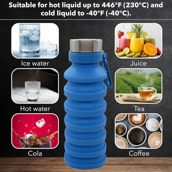 Collapsible Water Bottle (Blue) - Reusable, BPA Free, Silicone, Foldable Portable & Leak Proof - Water Bottles for Travel Gym Camping Hiking - Sports Water Bottle with Carabiner