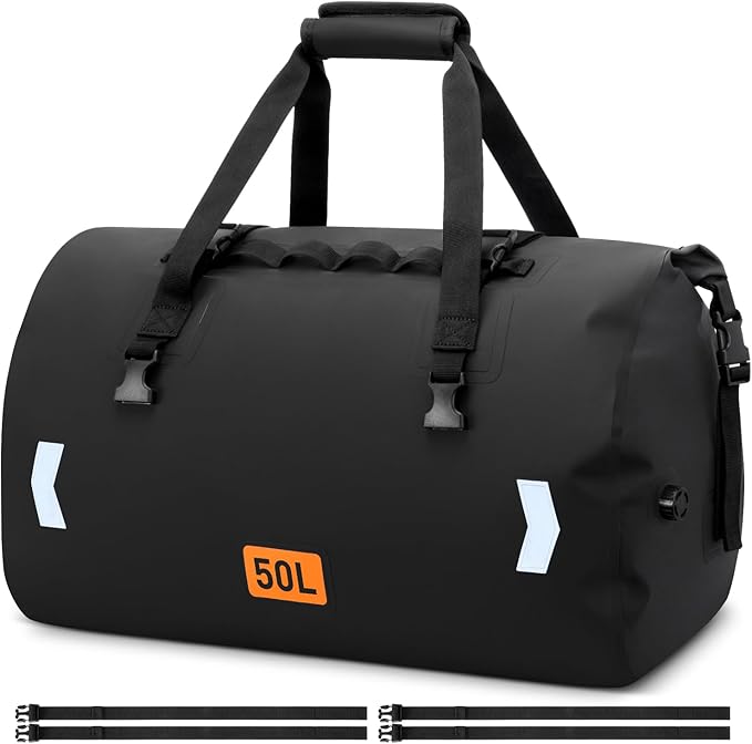 Waterproof Duffel Bag, 50L Roll-top Motorcycle Dry Bag with Air Valve & Quick-fixed Straps, Travel Duffle Bags for Kayaking Paddle Boarding Rafting Boating Camping Riding Fishing - Black