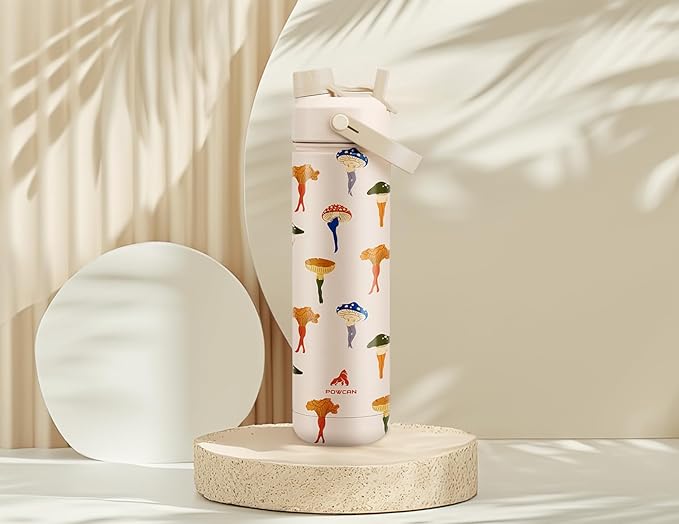 POWCAN 26 oz Insulated Water Bottle with 2-in-1 Straw and Spout Lid, Keep Cold 24H, Leak-Proof, Fits in Car Cup Holder, Stainless Steel Water Bottle for Sports, Travel, Gym, and School (Mushie Muse)