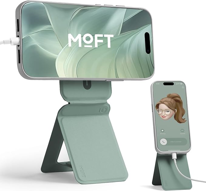MOFT Phone Stand, Magnetic Phone Tripod Stand Stain-Resistant MOVAS Leather & Angle Adjustment & Strong Magnets Tripod for iPhone 17/16/15/14/13/12 (Included Metal Ring)-Seafoam