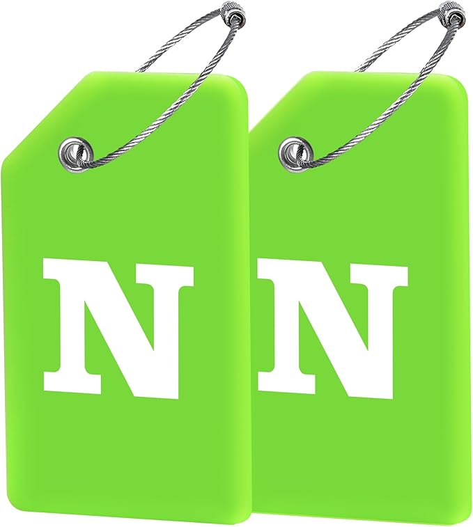 Gostwo 2 Pack Silicone Luggage Tags for Suitcases, 26 Initial Letter Baggage Labels Handbag School Bag Suitcase Instrument Tag with Stainless Steel Loop(Green)(Letter N)