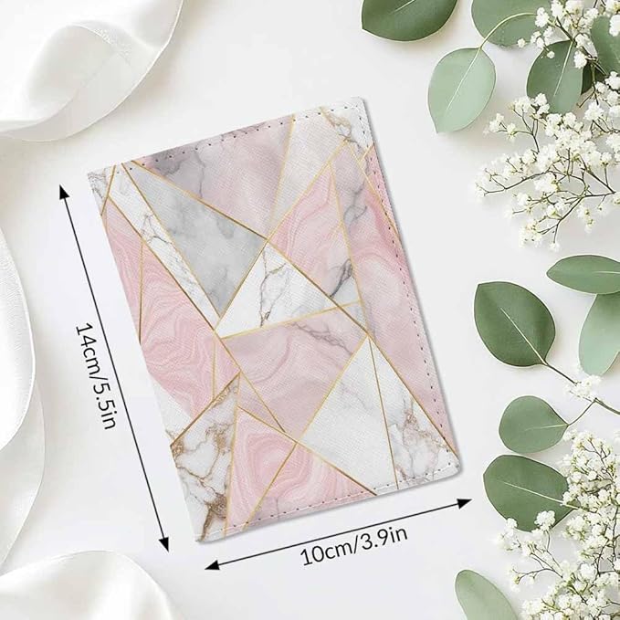 Rose Gold Tile Passport Holder for Travel Pink Grey White Marble Geometry PU Leather Passport Cover Wallet Cute Passport Card Holder for Women and Men