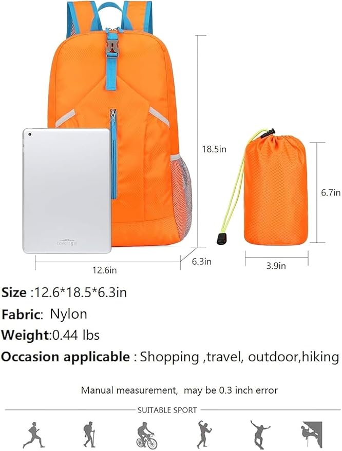 25L Foldable Hiking Backpack Lightweight Packable Basic-Daypack Collapsible Bag Water-Resistant Travel Men Women Camping Cycling Outdoor (Orange)
