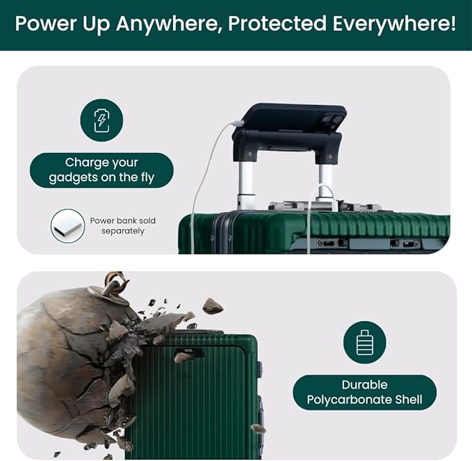 Nobl Travel Carry On Luggage, Noble Zipperless Aluminum Frame PC Hard Shell Suitcase, 22.5x15x9.5 Airline Approved, 360° Spinner Wheels, TSA Locks, USB Charging Port, Cup & Phone Holder -Forest Green