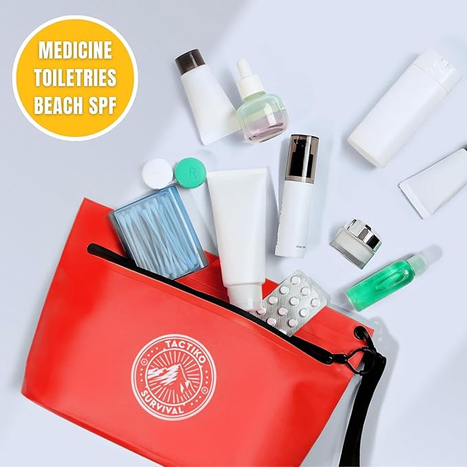 Tactiko 3L Water Resistant Pouch - Waterproof Material w/Splashproof Zipper - Hold All Zipper Bag for Storage, Toiletries, Travel, Beach, Cruise, Home (Red)