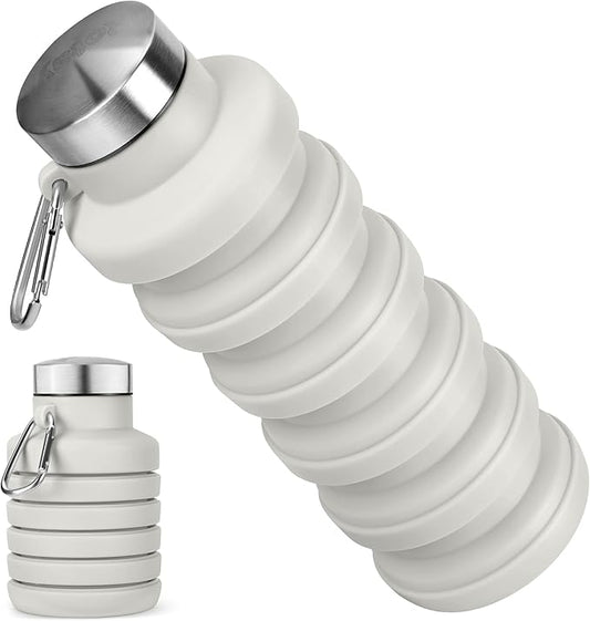 Collapsible Water Bottle, 16oz Portable Reusable Silicone Water Bottle, BPA-Free Leak-Proof Foldable Design with Carabiner, Lightweight Durable for Gym, Travel, Camping, Hiking, Sports-Gray