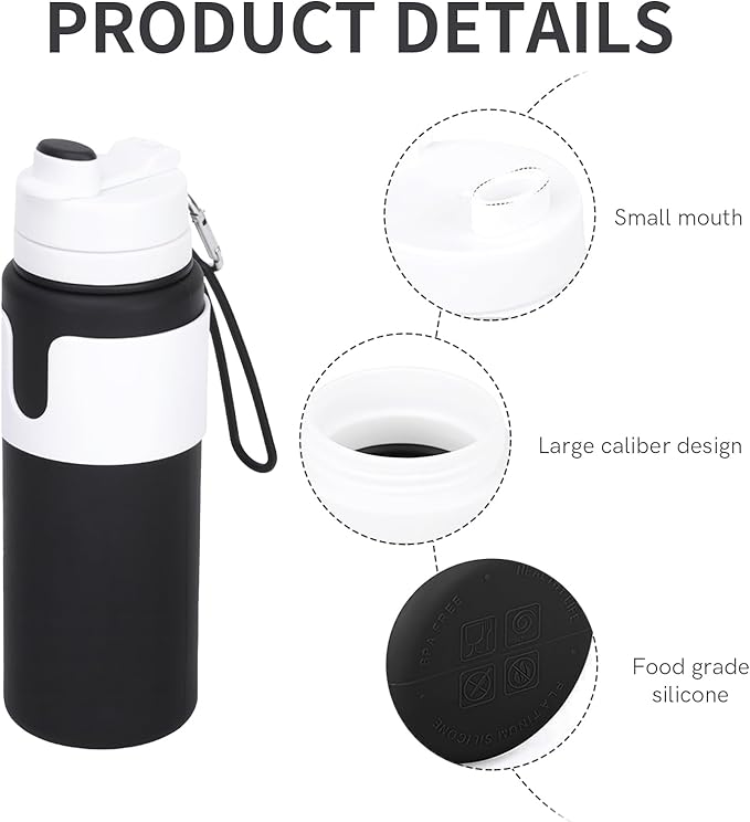 Collapsible Water Bottles for Travel - 26oz BPA-Free Foldable with Carabiner, Lightweight Leak-Proof Design, Portable Reusable Bottle for Hiking, Airplane, Camping (Black)