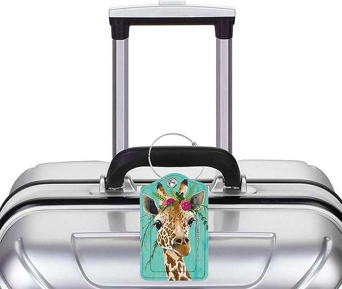 2 Pack Luggage Tag for Suitcase, Cute Unique Leather Bag Tags Identifiers Privacy Cover ID Label with Durable Steel Loop for Women Men Kids Girls Travel, Giraffe