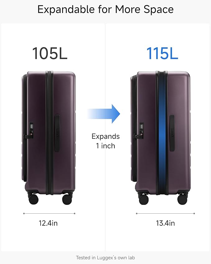 LUGGEX Checked Suitcase with Spinner Wheels, FLO5 Expandable Polycarbonate Hard Shell Suitcase with TSA Approved Lock (FX-Core, Purple, 28 Inch)