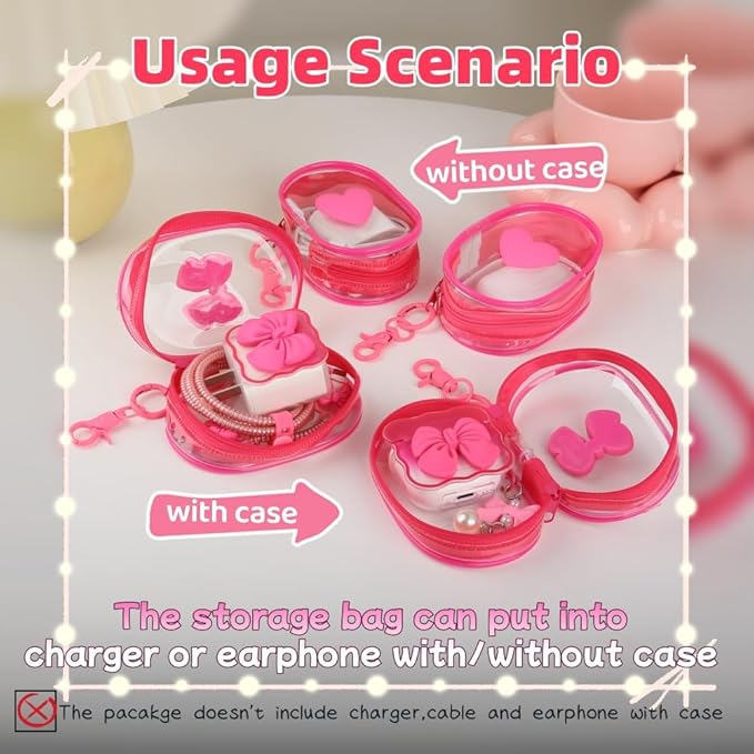 Charging Cable Storage Bag, Lovely 3D Love Heart Waves Design Transparent Compact Travel Cables Carrying Storages Case Electronic Accessories Charger Cord Wire Organizer, Rose Love