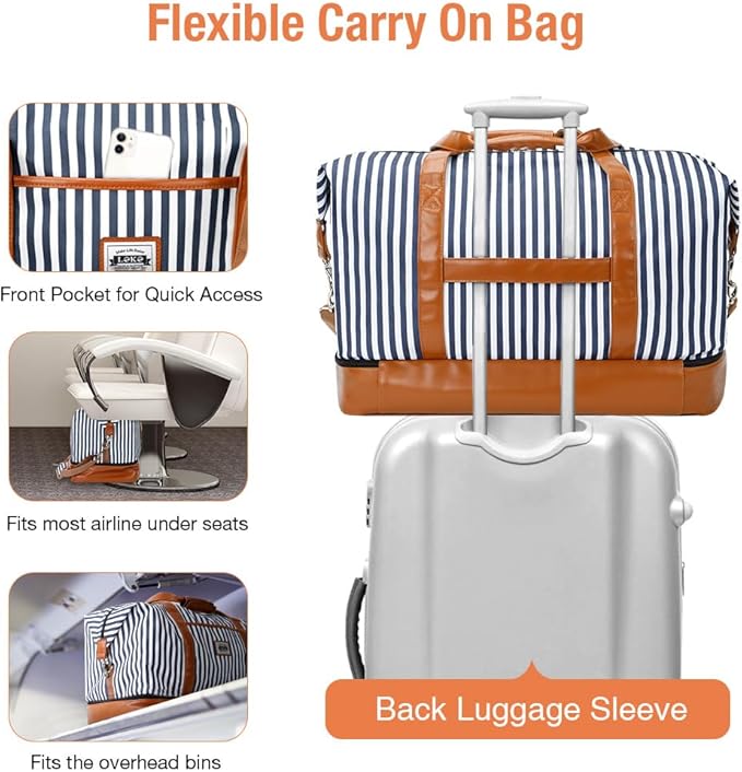 Lekebobor Weekender Bag for Women, Large Holdall Travel Duffle / Overnight Bag with Shoes Compartment & Toiletry Bag, 50L (Blue Striped)