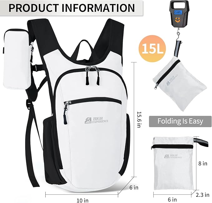 HIGH EXPERIENCE Hiking Backpack 10L/15L Small Daypack Lightweight Packable Travel Foldable Water Resistan for Women Men (White, 15L)