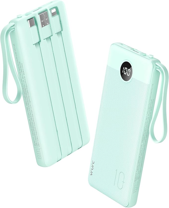 VRURC Portable Charger with Cables for iPhone, 22.5W Fast Charging USB C Power Bank 10000mAh, Compact Cell Phone Battery Pack with Cords for iPhone 16 15 14 13,Samsung Galaxy Series-Green(1 Pack)