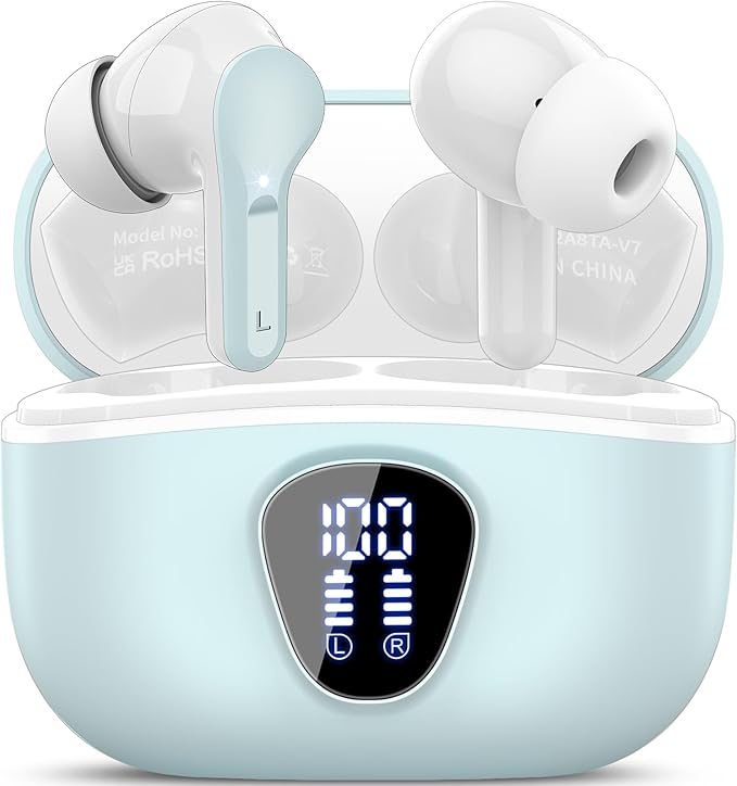 Wireless Earbuds, Bluetooth 5.4 Headphones HiFi Stereo, Bluetooth Earbuds with ENC Noise Cancelling Mic, IP7 Waterproof in Ear Earphones, 48H, LED Display Ear buds for Pad Phones Workout Sports, Azure