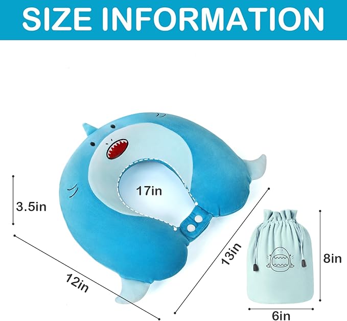 Kids Neck Pillow for Traveling, Adujstable Airplane Pillow with Travel Bag, Travel Essentials for Long Flights, Soft & Support Airplane Pillow for Headrest Sleep - Blue Shak