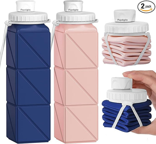 Collapsible Water Bottles 2 Pack Compact Portable,Leakproof,Bpa-Free Silicone Bottles For Travel,Hiking,Camping,Gym,Outdoor Sports.Curable,Lightweight,Reusable For On-The-Go Hydration