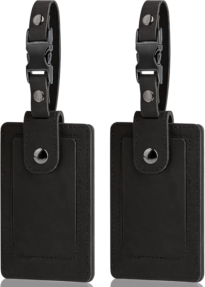 Premium Genuine Leather Luggage Tags for Suitcases - Quick Release, Privacy Protection, Elegant and Durable, Travel Essential Luggage Tag - 2 Pack Black