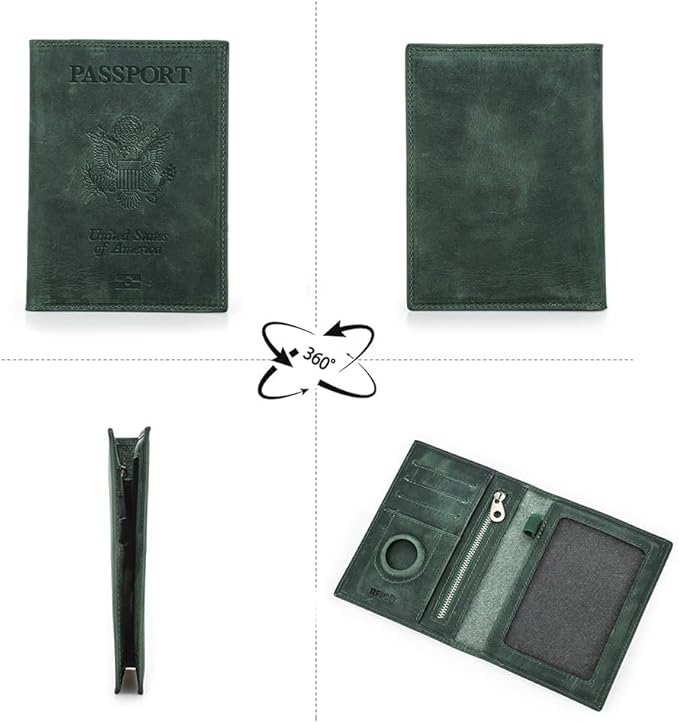 CONTACTS Full Grain Leather Airtag Passport Holder RFID Blocking Travel Passport Wallet Slim Passport Cover Case with 4 Card Slots, Coin Pocket (Badge, Green)