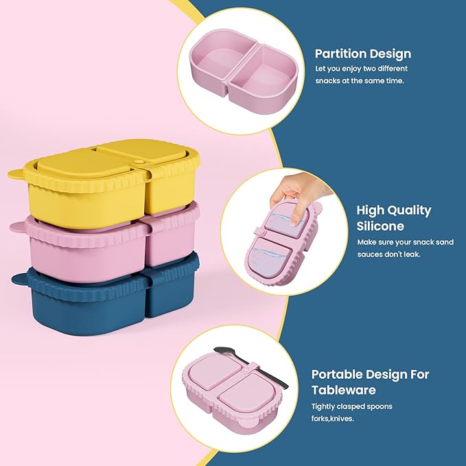 3 Pack Silicone Snack Containers with Lids, Reusable Double Compartment 8oz Leakproof Snack Box for Sauce, Dip, Salad, School, Office, Picnic
