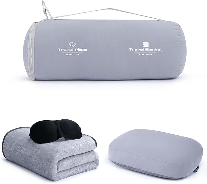 4-in-1 Travel Pillow & Blanket Set with Eye Mask, Memory Foam Neck Support, 50x65 Inch Blanket, Storage Bag for Airplane, Car, Train, Home Travel Grey