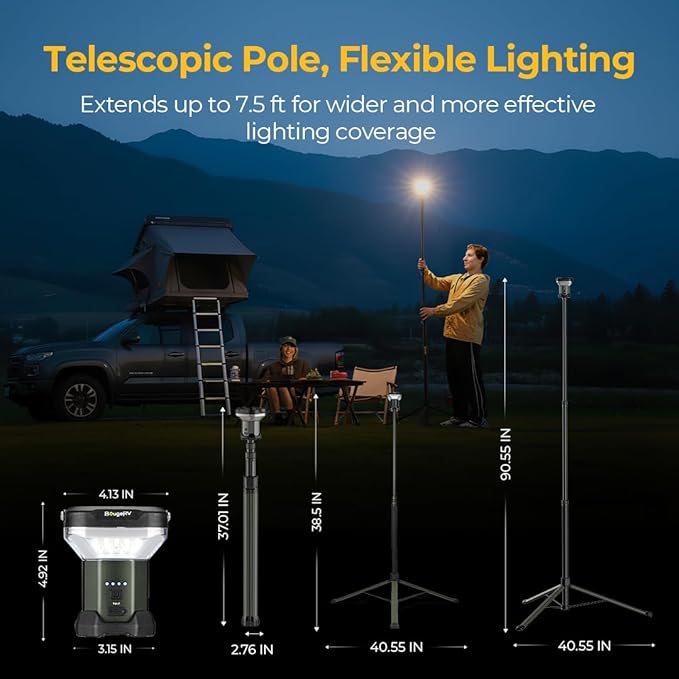 BougeRV Telescoping Camping Light, 3200 Lumen Outdoor Lantern, 8000mAh LED Lantern, 7.55 Feet Tall, 90-Hour Runtion, Rechargeable Tent Lamp for Camping, Emergency, Hiking, Outdoor(Model: CL03)