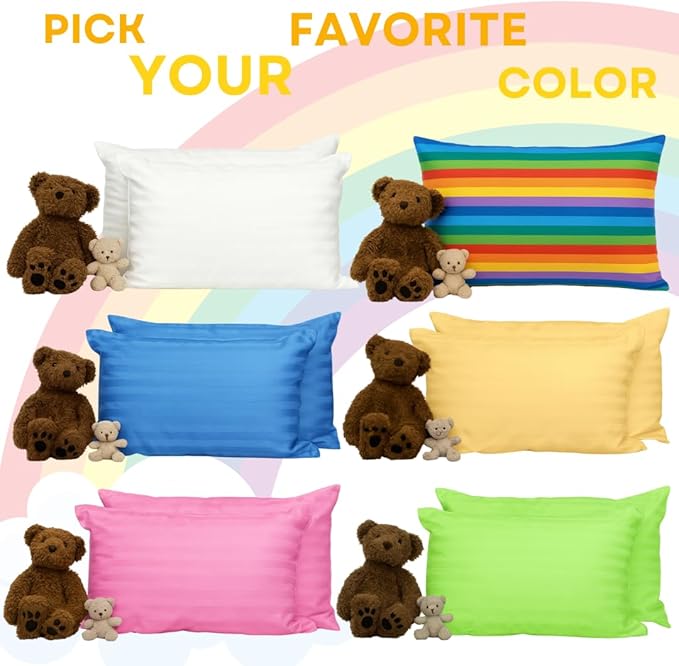 Kinder Fluff Mini Toddler Pillow (2Pk) 10x15in – First Pillow for Kids Age 2+, Bright Rainbow Design, 100% Cotton Sateen Stripe 300T, Down Alternative Fill, Machine Washable, Colourful Kids Cushion XS