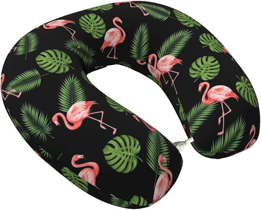 Memory Foam Airplane Pillow Pink Flamingo Tropical Palm Banana Leaves for Car Chin Head Neck Supporting, U Shape Pillows Travel Cushion for Office, Nap Sleeping