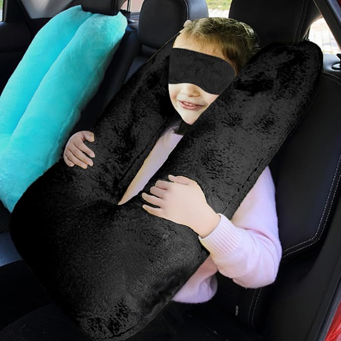 Sexysamba Travel Pillow with Sleep Mask Set Car Pillow Kids Travel Pillow for Sleeping U Shaped Car Seat Pillow Head Neck Body Support for Kids and Adults Road Trip Accessories,Black