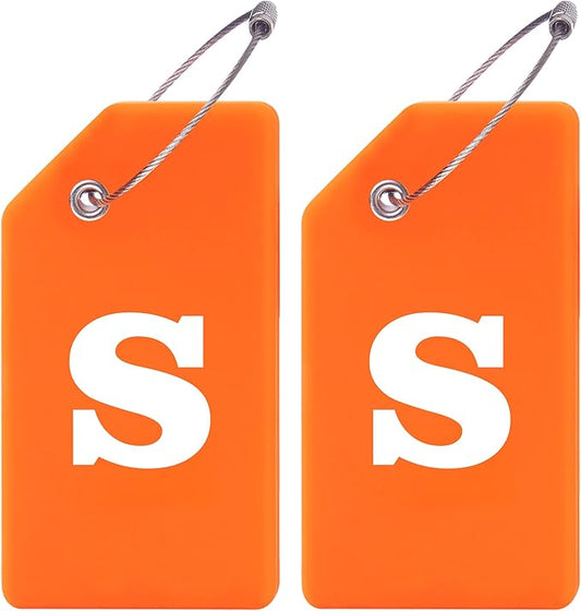 Gostwo 2 Pack Silicone Luggage Tags for Suitcases, 26 Initial Letter Baggage Labels Handbag School Bag Suitcase Instrument Tag with Stainless Steel Loop(Orange)(Letter S)