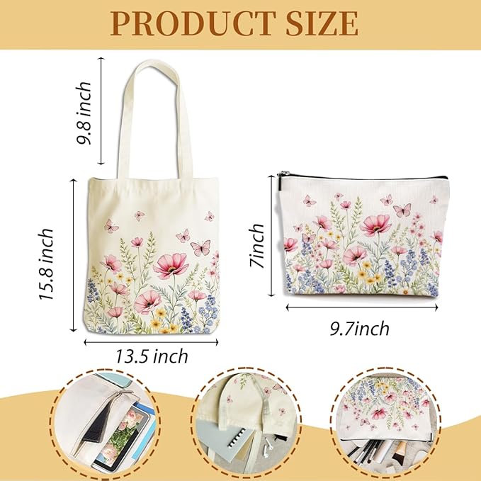 Flower Plant Lover Gifts for Women Canvas Tote Bag with Makeup Bag Cosmetic Bags Grocery Bags for Shopping Christmas