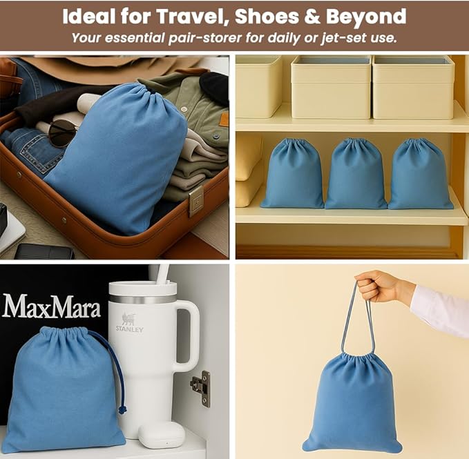 LFH Cotton Rich Shoe Storage Bags with Drawstring, Dustproof Breathable Reusable Organizer, Perfect For Travel, Dorm, Hotel, College, Gym, Easy to Carry, Machine Washable 8"x17" (Pack of 6) - Sky Blue