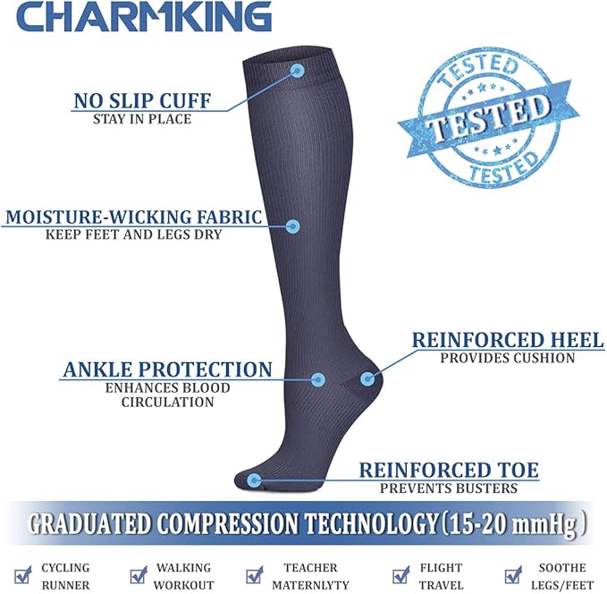 CHARMKING Compression Socks for Women & Men Circulation (8 Pairs) 15-20 mmHg is Best Support for Athletic Running,Cycling