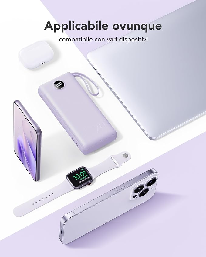 VRURC Portable Charger with Built in Cables 20000mAh, 22.5W Fast Charging USB C Power Bank,LED Display Charging Back with 4 Output 2 Input for iPhone 15/14/13/Pro, Samsung,Android-Purple (1 Pack)