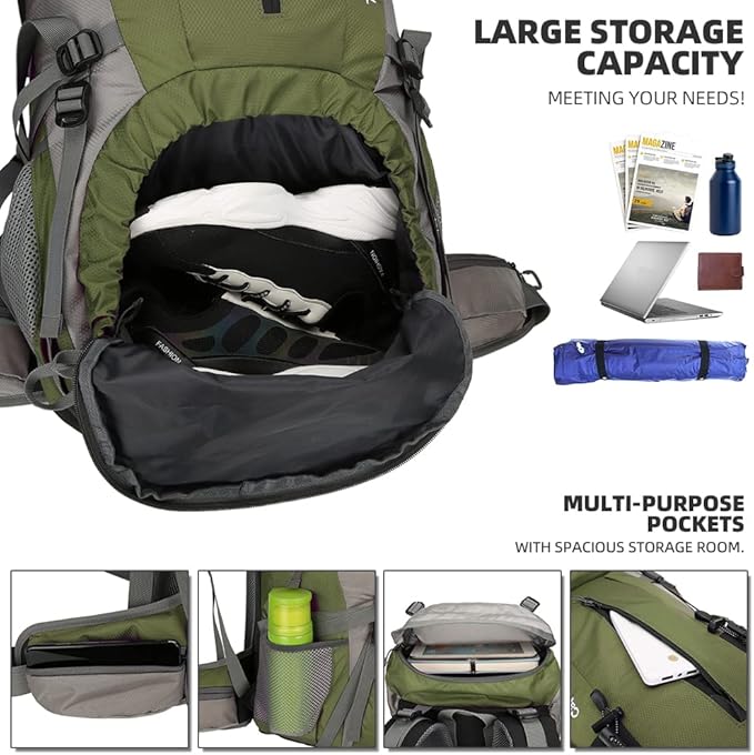 King'sGuard 70L Hiking Backpack with Rain Cover Lightweight Waterproof Travel Camping Backpack Large Backpacking Pack
