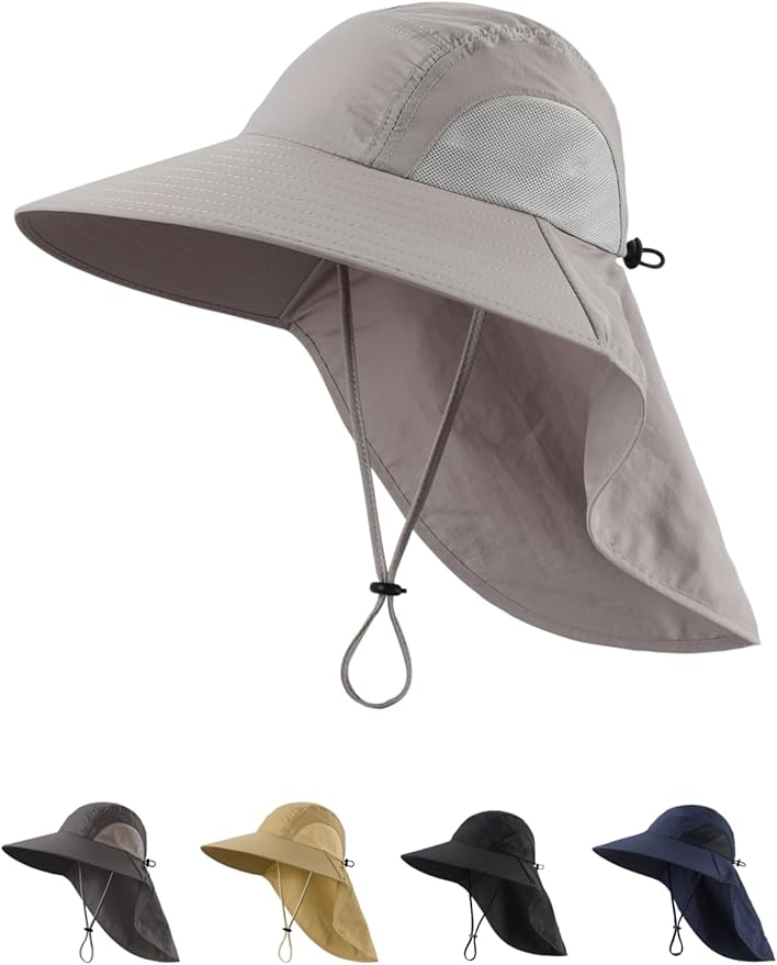 LLmoway Wide Brim Sun Hat with Neck Flap for Men Women Summer Outdoor UV Protection Breathable Fishing Hats with Strap
