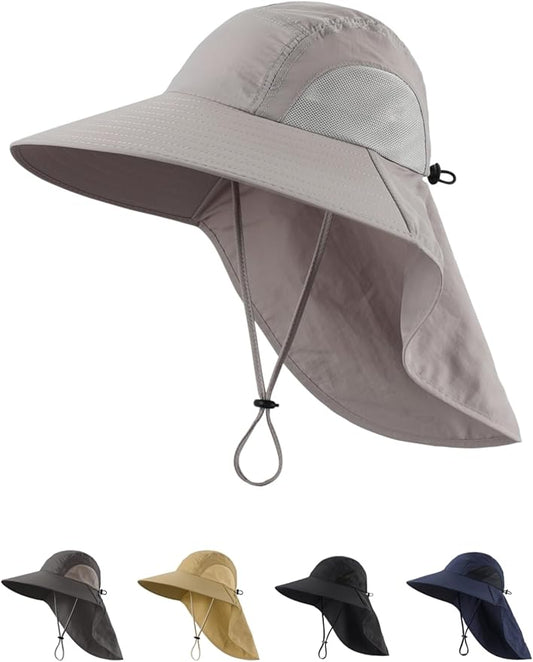 LLmoway Wide Brim Sun Hat with Neck Flap for Men Women Summer Outdoor UV Protection Breathable Fishing Hats with Strap