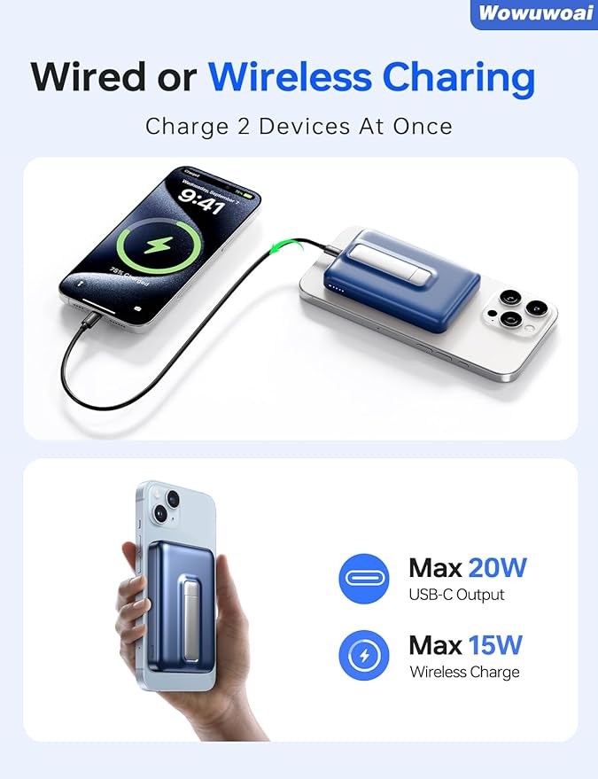 for Magsafe Portable Charger, 10000mAh Wireless Power Bank with Stand, USB C PD 20W Fast Charging Powerbank, Magnetic Battery Pack Compatible for iPhone 17/16/15/14/13/12 Series - Marine Blue