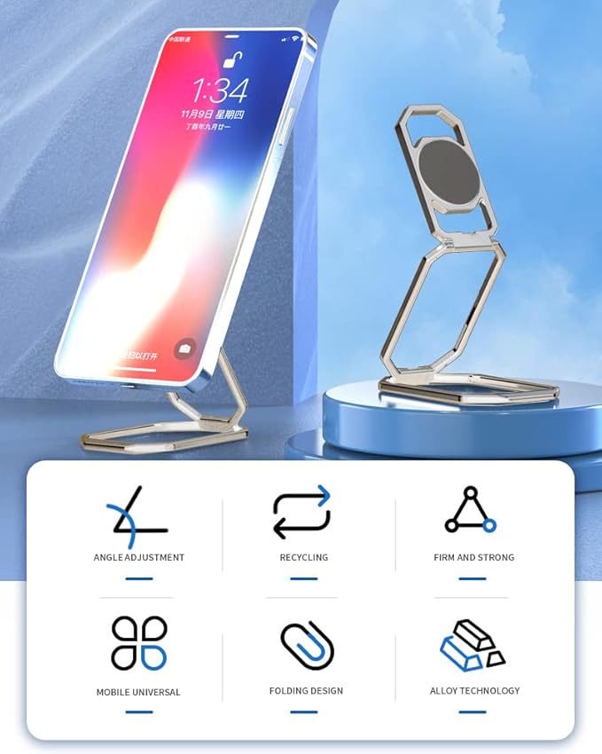 Phone Ring Holder Metal Kickstand 360° Foldable Swivel Cell Phone Finger Grip Stand Phone Back Grip for Magnetic Car Mount Compatible with iPhone iPad Smartphones Tablet