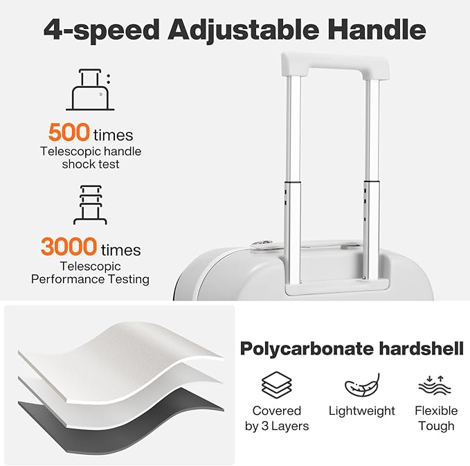 mixi 24 Inch Checked Luggage PC Hard Shell Suitcase Top Opening Aluminum Frame Travel Suitcases with Wheels, Smoke White