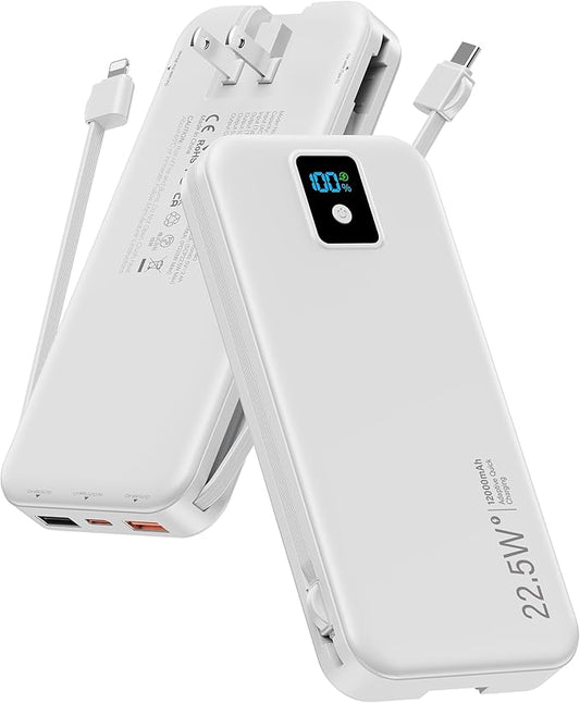 Portable Power Bank, 12000mAh 22.5W Fast Charging Phone Charger with Built-in Cables & Wall Plug, Travel Essential Battery Pack with LED Display, USB C Battery Charging Bank for iPhone, Samsung White