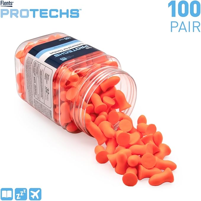 Flents Protechs Foam Ear Plugs, Contoured for Comfort, Ideal for Work with Loud Noise, Heavy Machinery, Construction, Studying & Traveling, NRR 32, Orange, Easy to Use, Made in The USA, 100 Pair