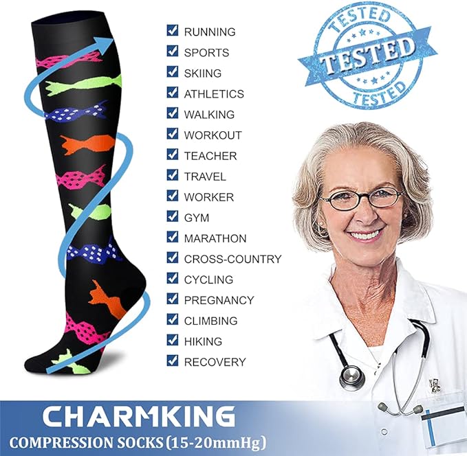 CHARMKING Compression Socks for Women & Men Circulation (8 Pairs) 15-20 mmHg is Best Support for Athletic Running,Cycling