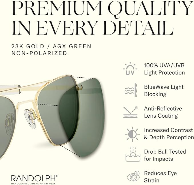 Randolph Eyewear Aviator Sunglasses for Men & Women – Non-Polarized & Polarized Lenses, 23k Gold UV Protection Sunglasses